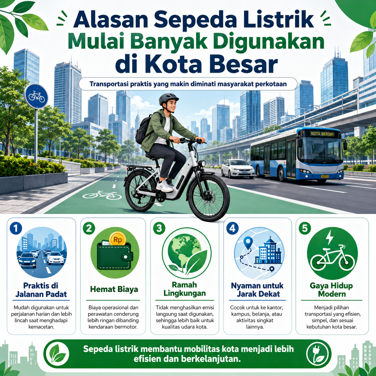 Sepeda listrik makin populer di kota besar karena praktis, hemat biaya, ramah lingkungan, dan cocok untuk mobilitas harian yang padat.