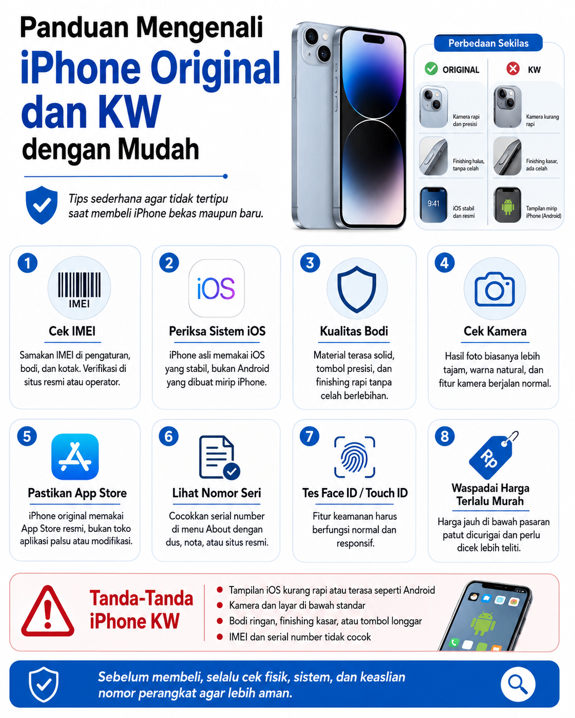 Panduan mengenali iPhone original dan KW dengan mudah lewat cek fisik, IMEI, sistem iOS, garansi, dan tips aman sebelum membeli.